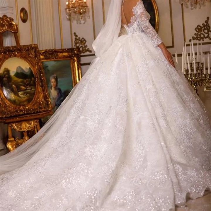 Luxury V Neck Appliques Sequins Ball Gown Wedding Dresses For Women
