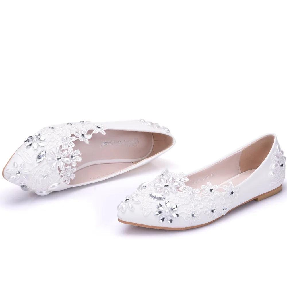 Spring and summer pointed toe shallow mouth white rhinestone pearl lace flat