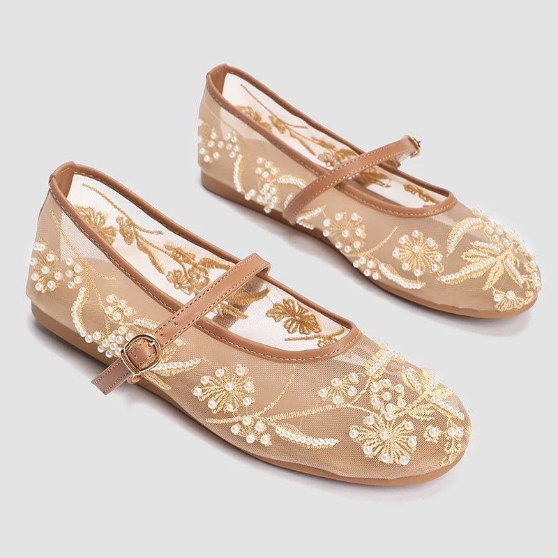 2026 Women's Nude Mesh Lace Embroidery Flower Mary Jane Flats Shoes