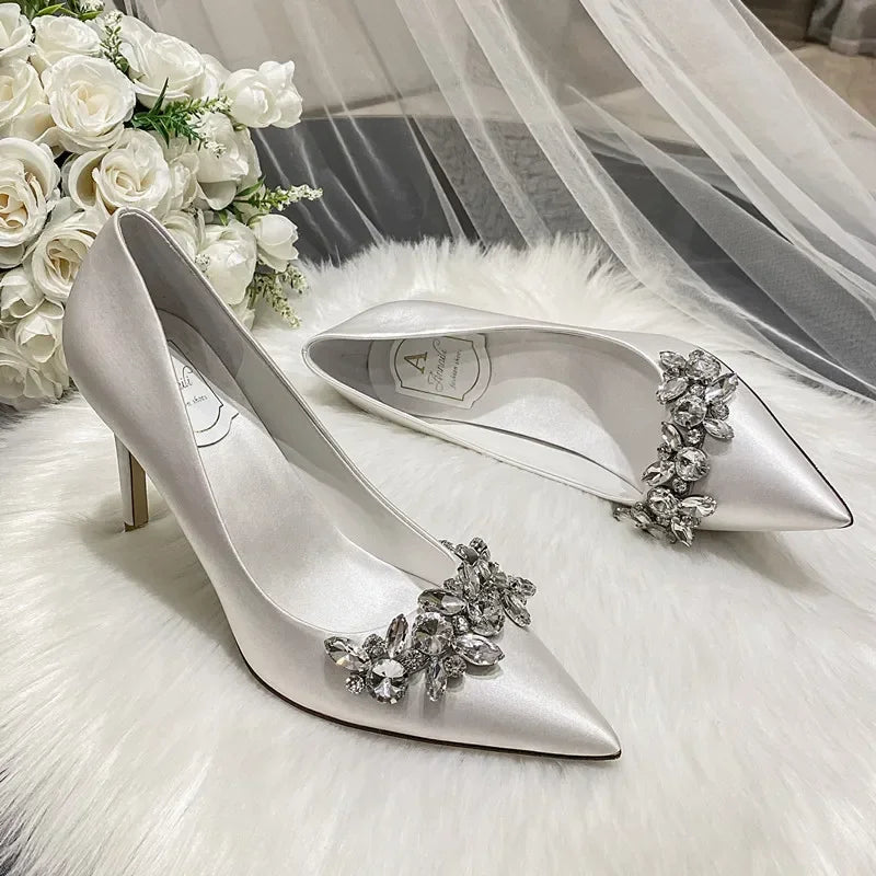 New White Champagne Women Bridal Wedding Shoes Heel