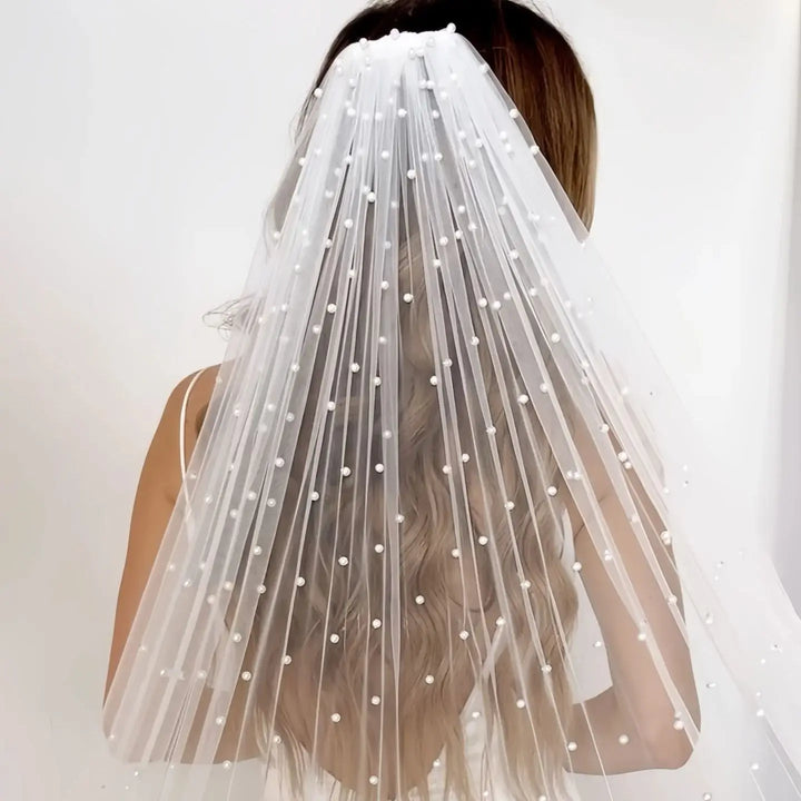 Pearls Bridal Veil Soft 1 Tier Beaded Wedding Veil for Bride