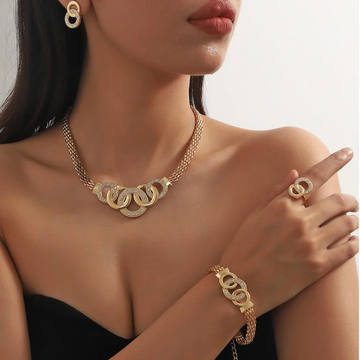 4 Pcs Set Luxury Gold Color Geometric Circle Zircon Necklace Earrings Ring