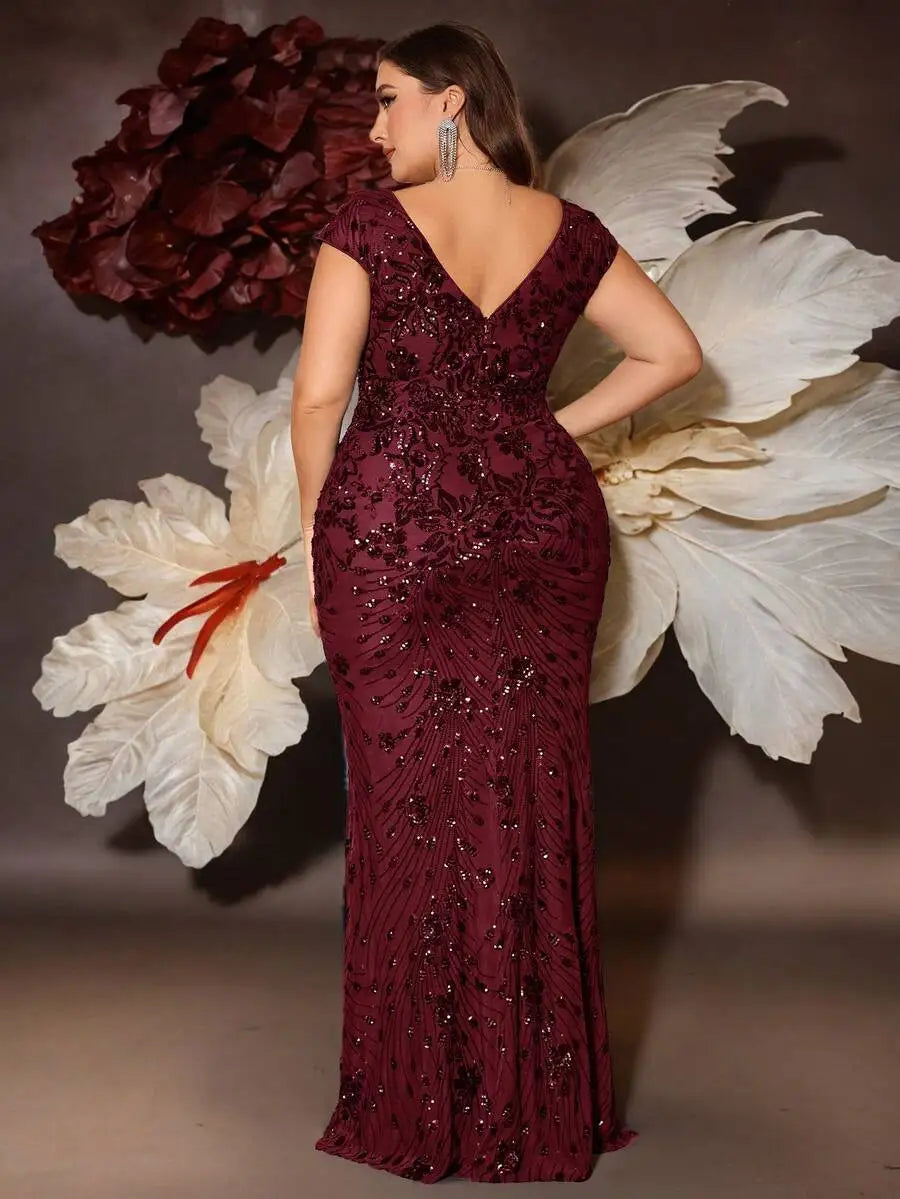 Burgundy Sequin V-Neck Cap Sleeve Fishtail Evening Dress for Women