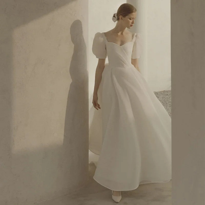 French Luxury White Satin Maxi Wedding Dresses for Bride Party Dress