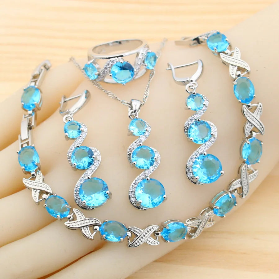 Classic Blue Zirconia 925 Silver Jewelry Sets for Women Earrings Necklace