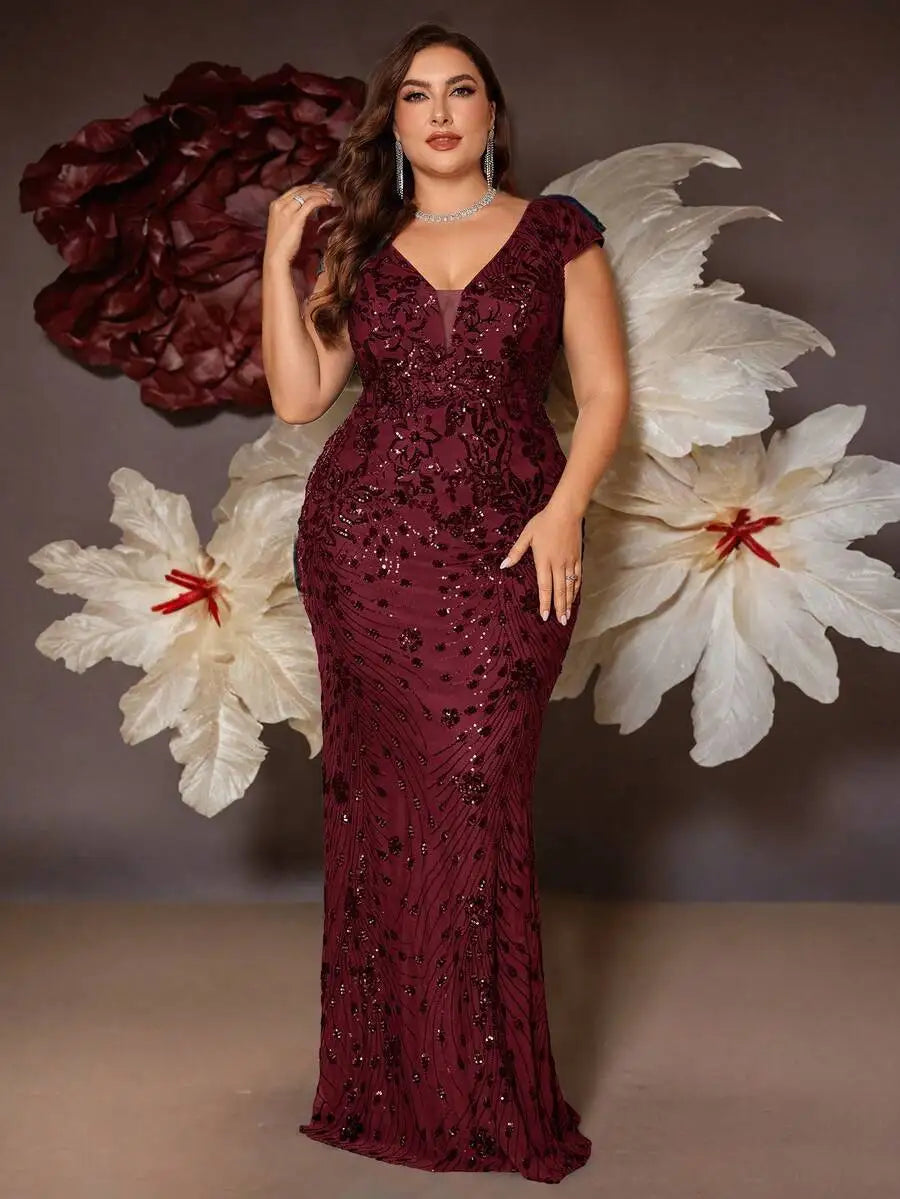 Burgundy Sequin V-Neck Cap Sleeve Fishtail Evening Dress for Women