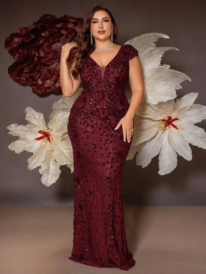 Burgundy Sequin V-Neck Cap Sleeve Fishtail Evening Dress for Women