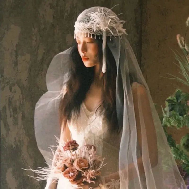 Vintage French Bridal Veil with Feather & Tassel Luxury Wedding Headpiece