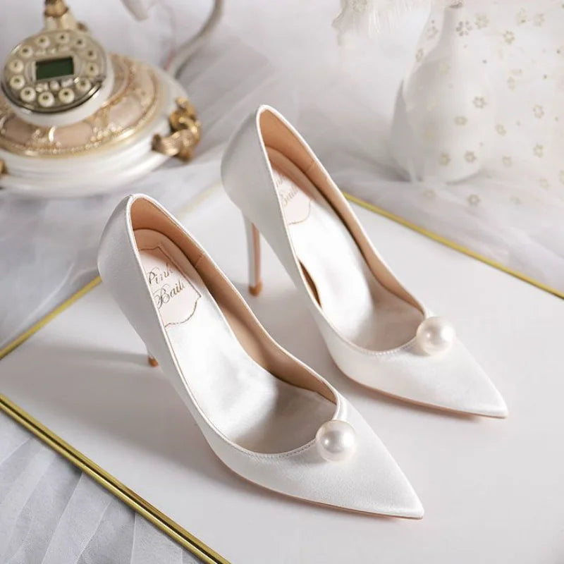 Bride Pumps Shoes for Woman Women's Summer Footwear Pearl Red Shoe