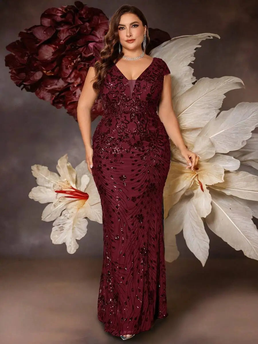Burgundy Sequin V-Neck Cap Sleeve Fishtail Evening Dress for Women