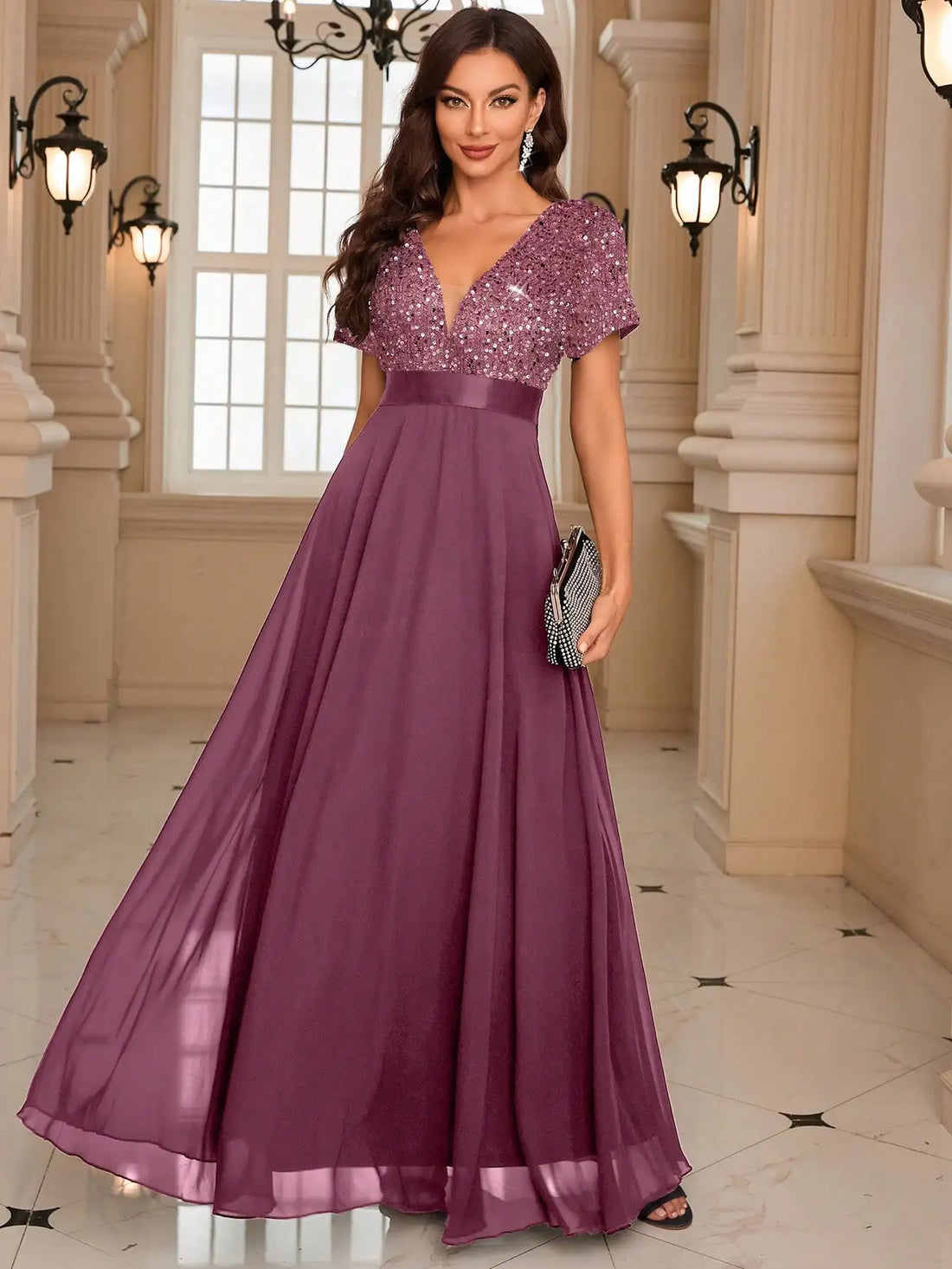 Burgundy Sequin Evening Gown with Short Sleeves luxury wedding dress