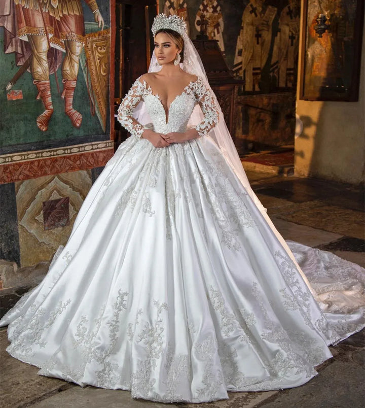 Luxury White Deep V neck Lace Satin Long Sleeve Wedding Ball Dress Bridal Gown