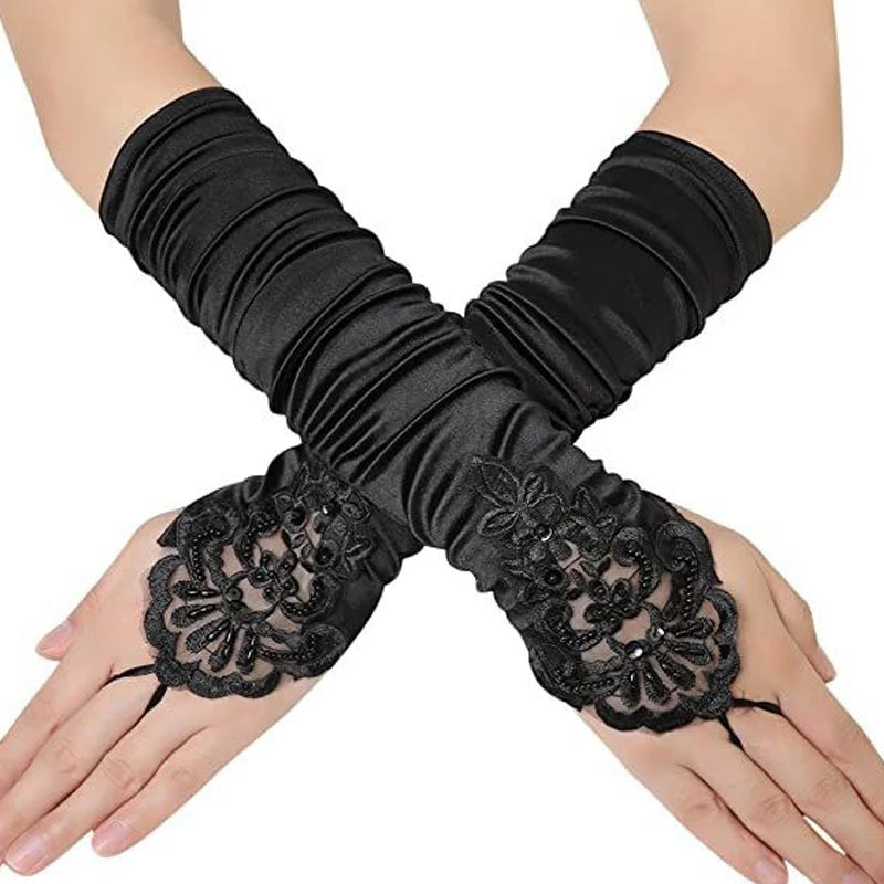 New Women Fingerless Bridal Gloves Black White Sequin Embroidery Lace