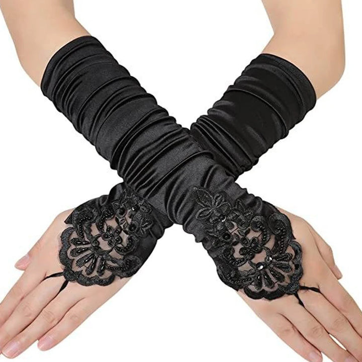 New Women Fingerless Bridal Gloves Black White Sequin Embroidery Lace