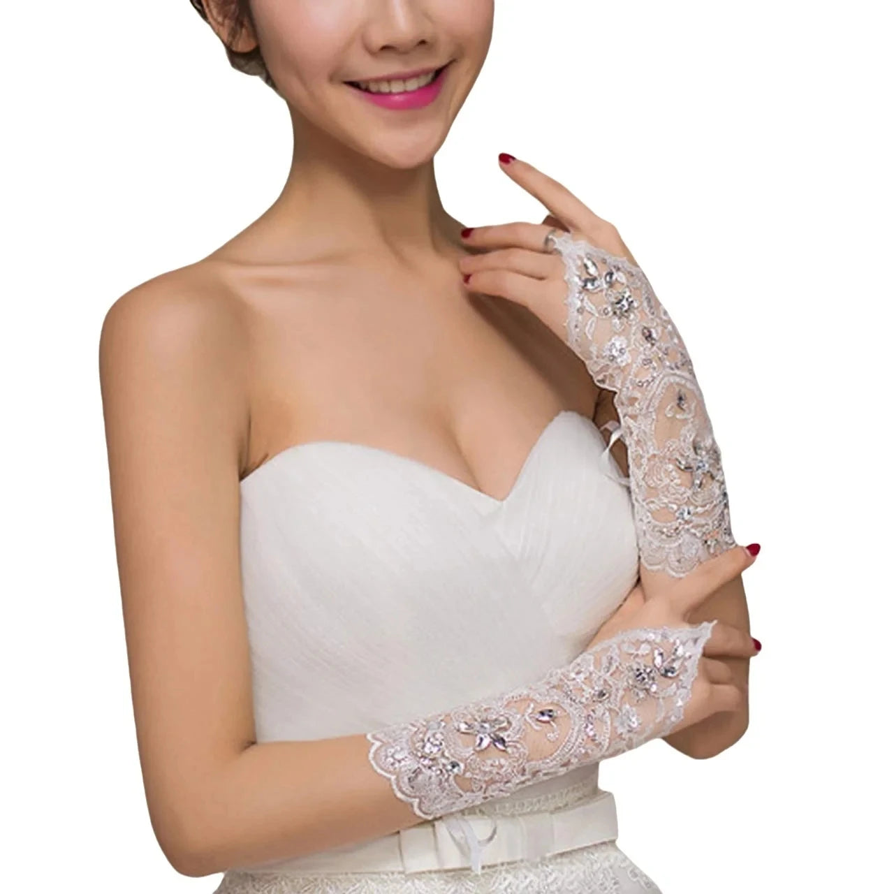 Elegant Women' Wedding Lace Gloves Bridal Fingerless Crystal Sequins
