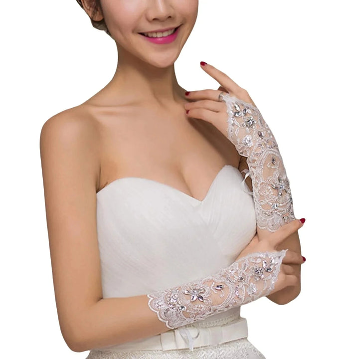 Elegant Women' Wedding Lace Gloves Bridal Fingerless Crystal Sequins
