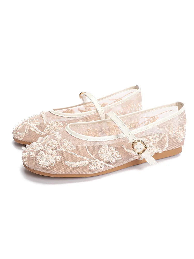 2026 Women's Nude Mesh Lace Embroidery Flower Mary Jane Flats Shoes