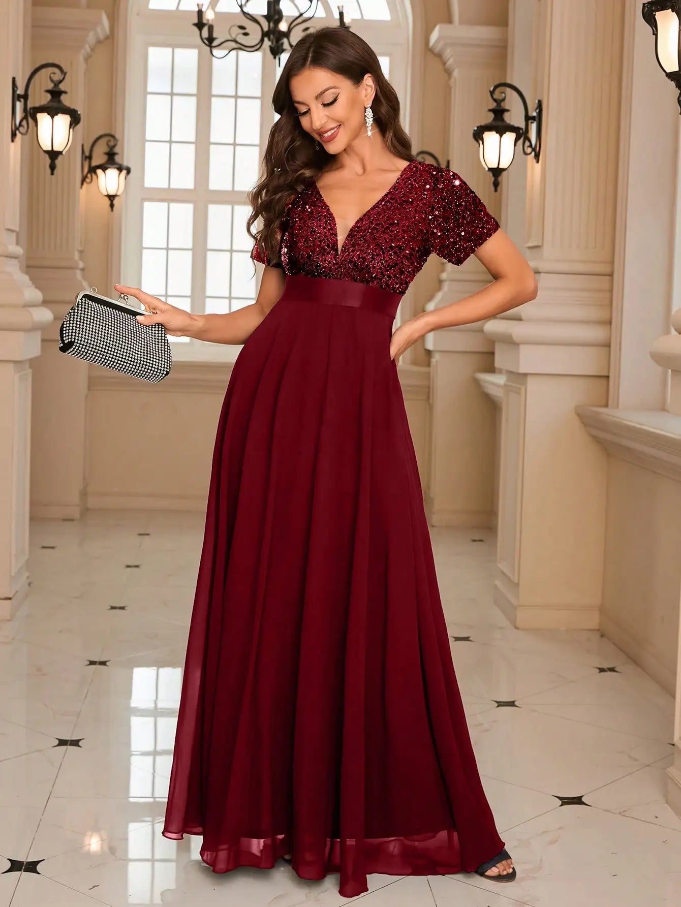 Burgundy Sequin Evening Gown with Short Sleeves luxury wedding dress – Urban Wedding