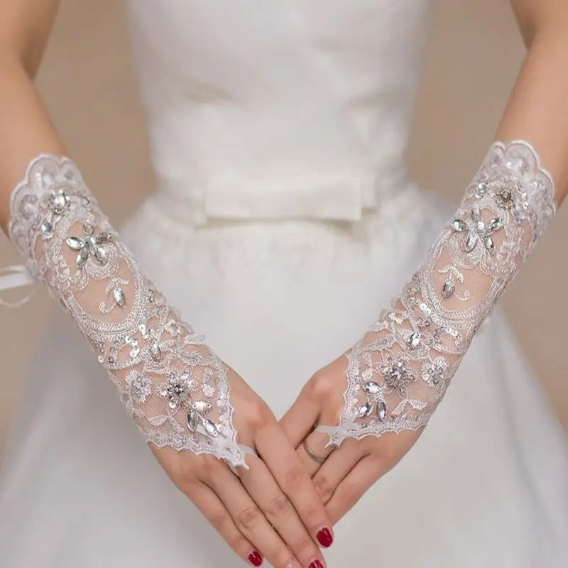 Elegant Women' Wedding Lace Gloves Bridal Fingerless Crystal Sequins