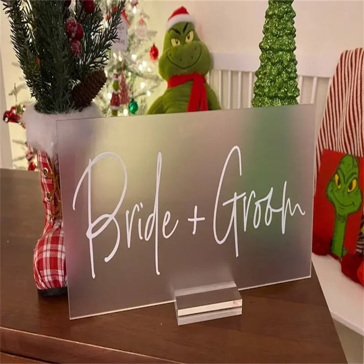 Bride and Groom Mr and Mrs Table Signs, Clear Glass Look Acrylic Head Table Sign