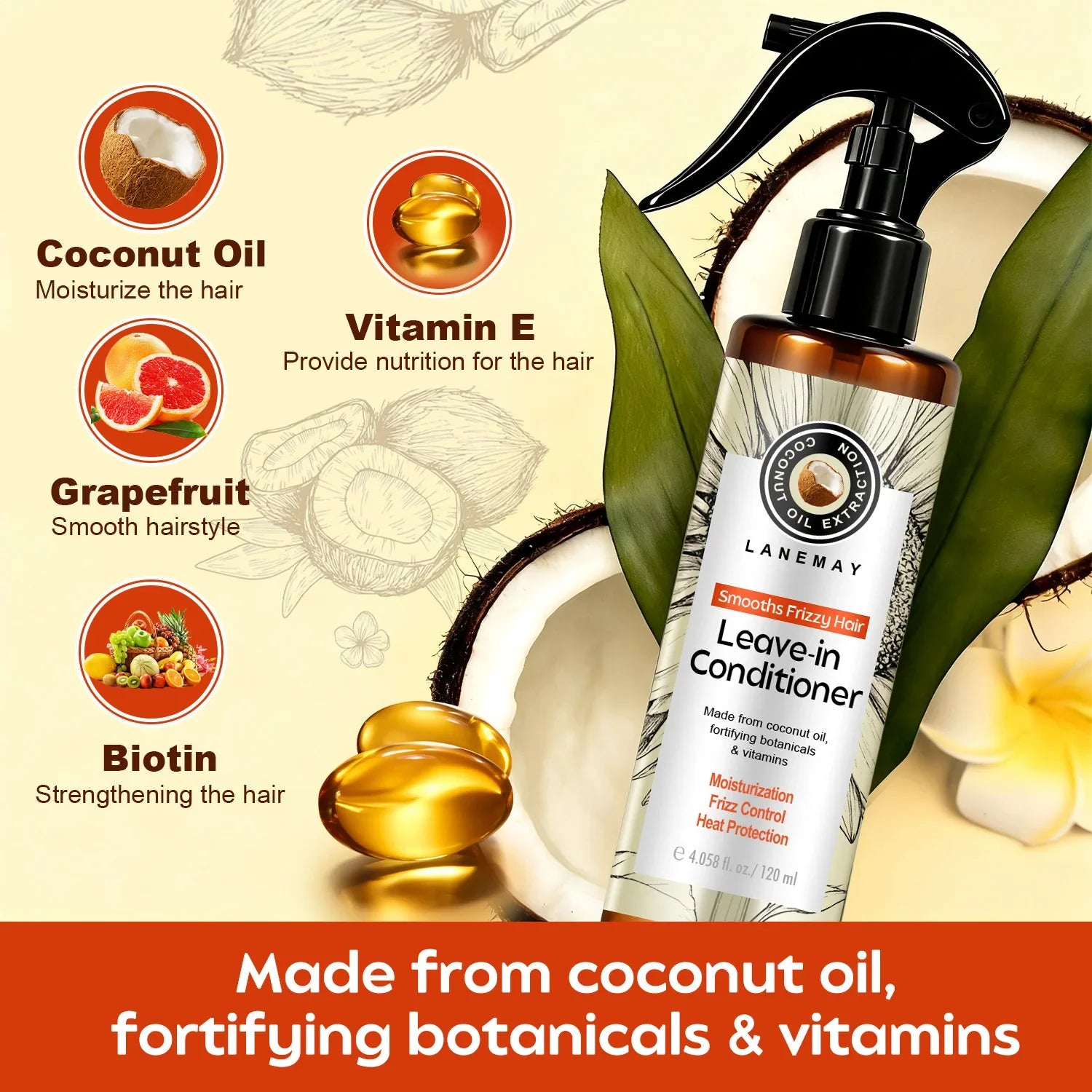 Coconut oil Leave-in Conditioner Moisturizing anti-frizz spray Deeply