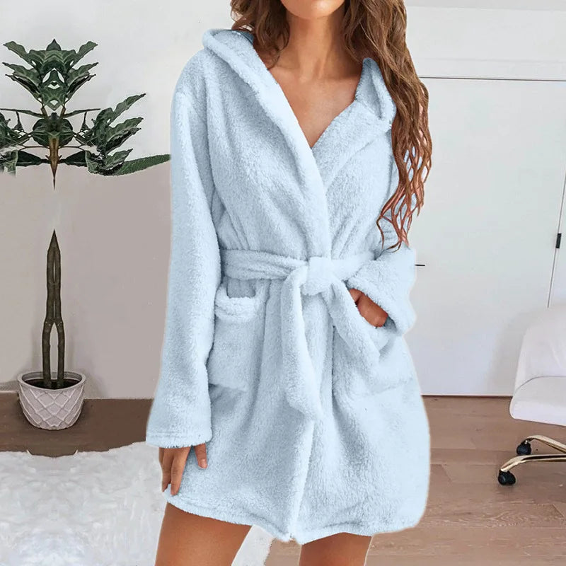 Autumn Winter Women Sexy Bath Robe Fluffy Plush Pyjamas Ladies Hooded