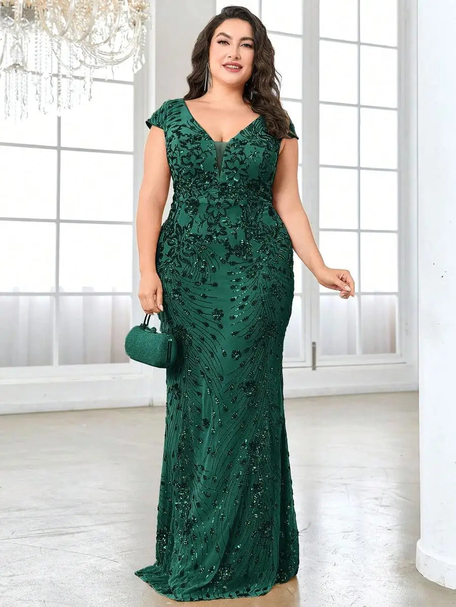 Burgundy Sequin V-Neck Cap Sleeve Fishtail Evening Dress for Women
