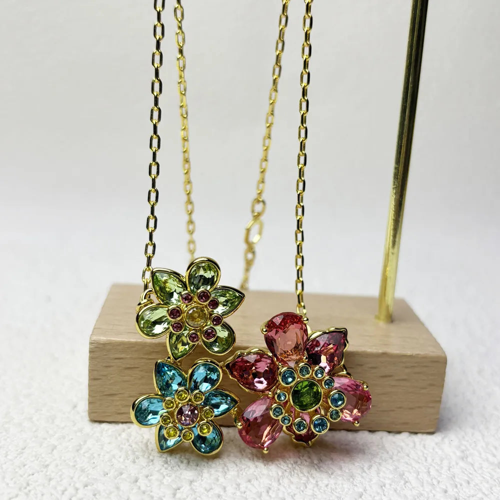 Trend Fine Jewelry Sets Charm Pink Blue Flower Crystal Fashion Luxury Necklace