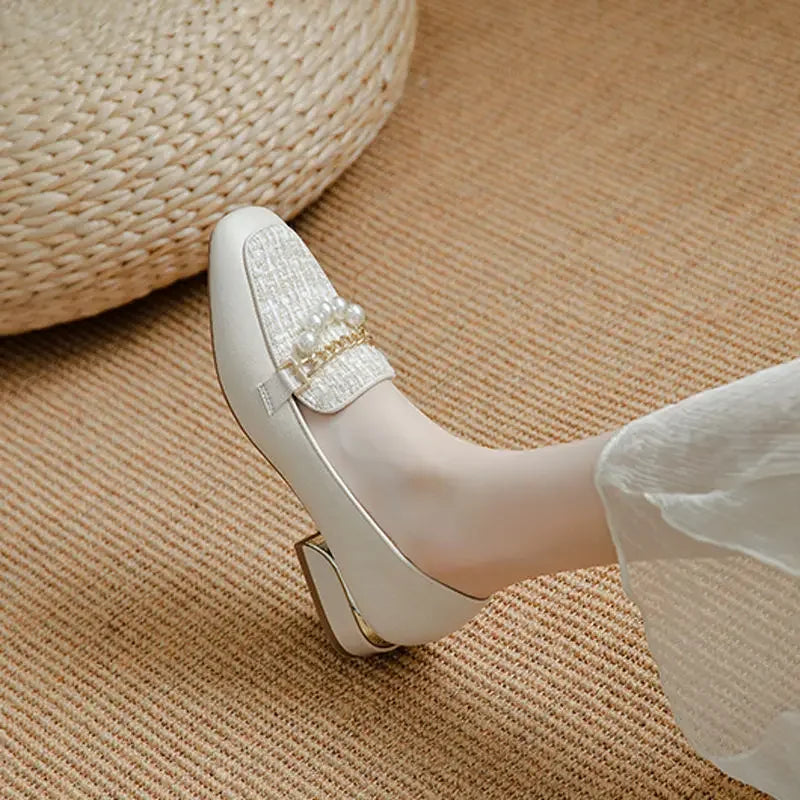 Medium Heels Pearl Women's Shoes Square Toe Ladies Pumps Shoe