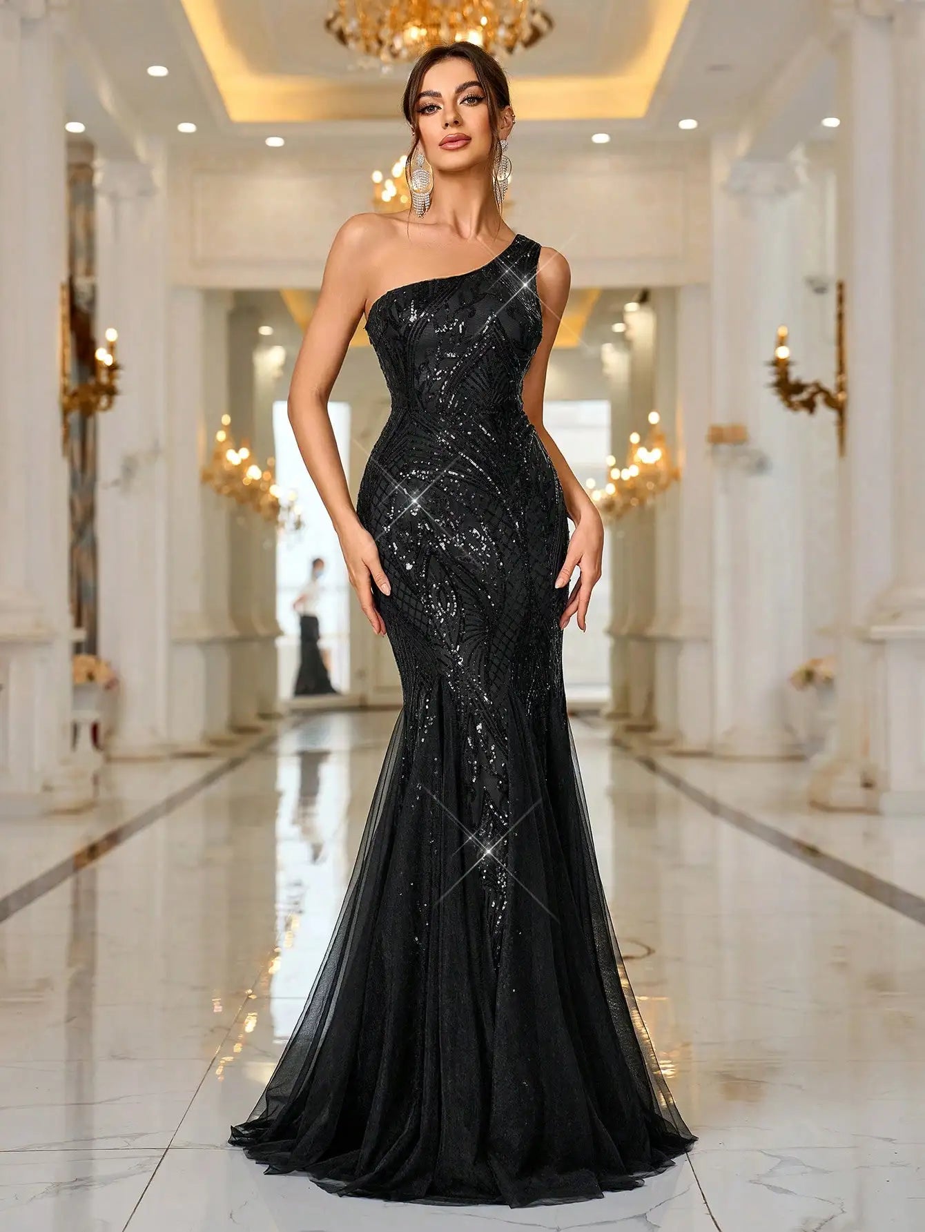 One Shoulder Sequin Mermaid Evening Dress for luxury wedding dress