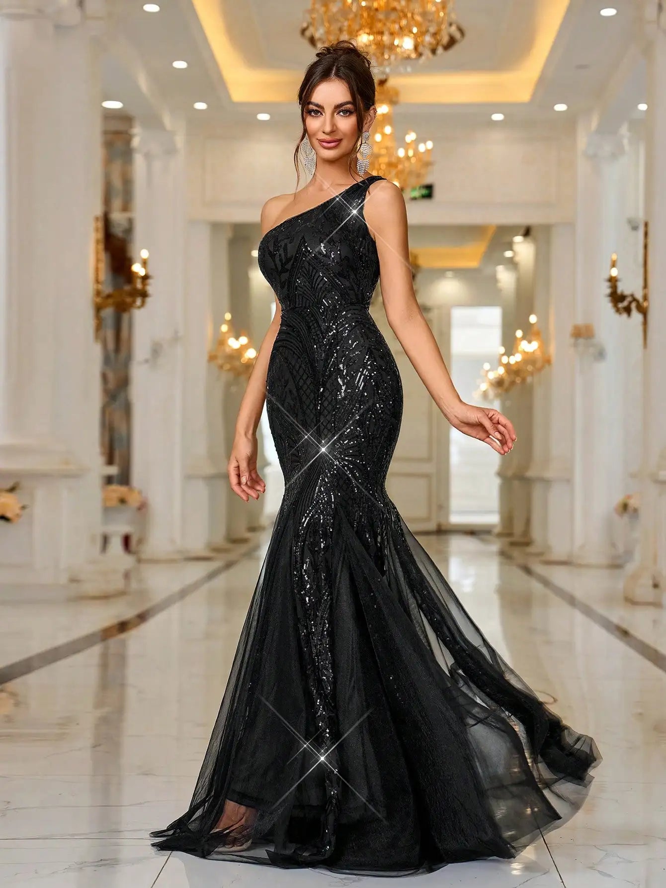 One Shoulder Sequin Mermaid Evening Dress for luxury wedding dress