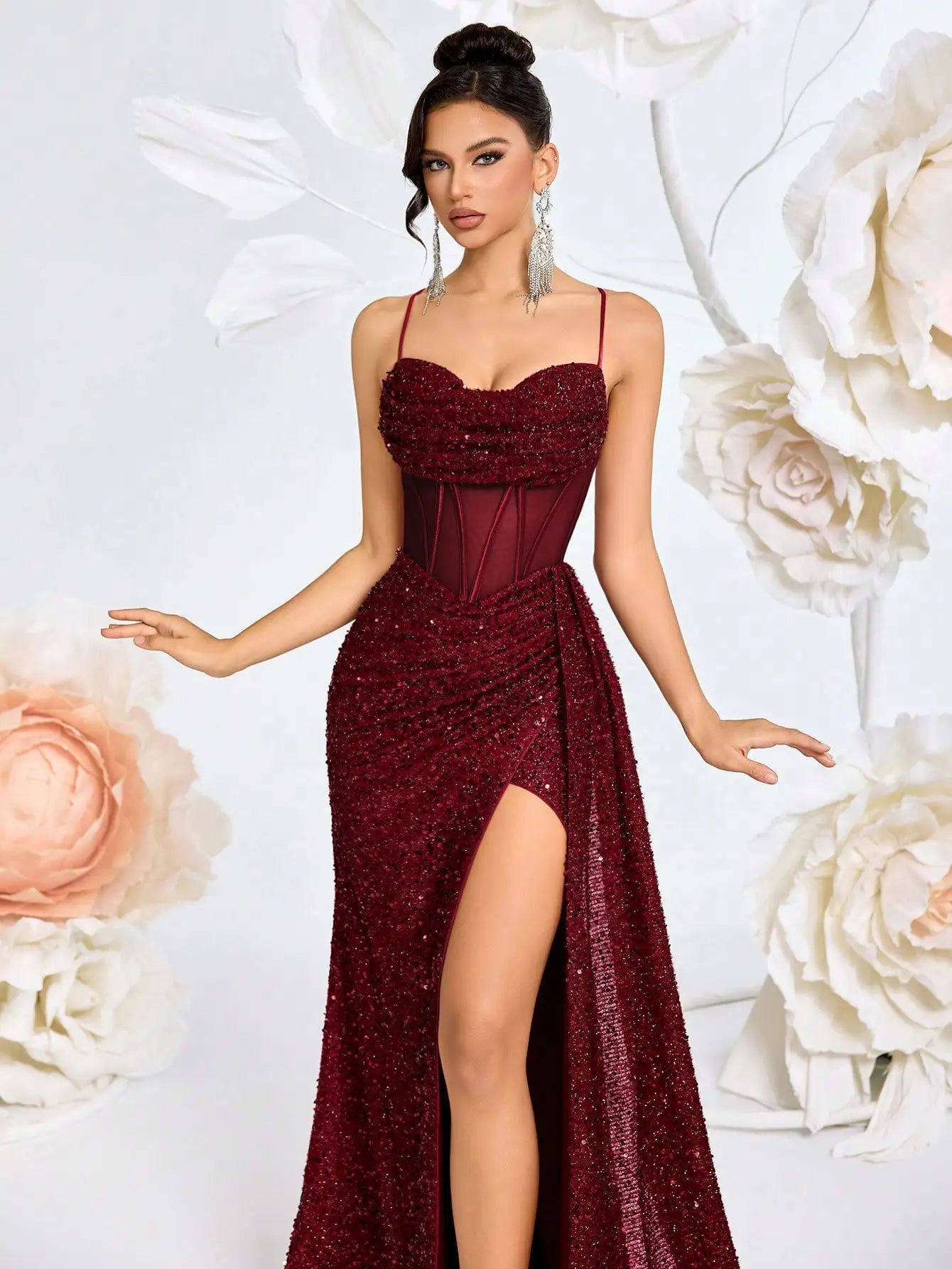 Burgundy Sequin Spaghetti Strap Evening Gown with luxury wedding dress