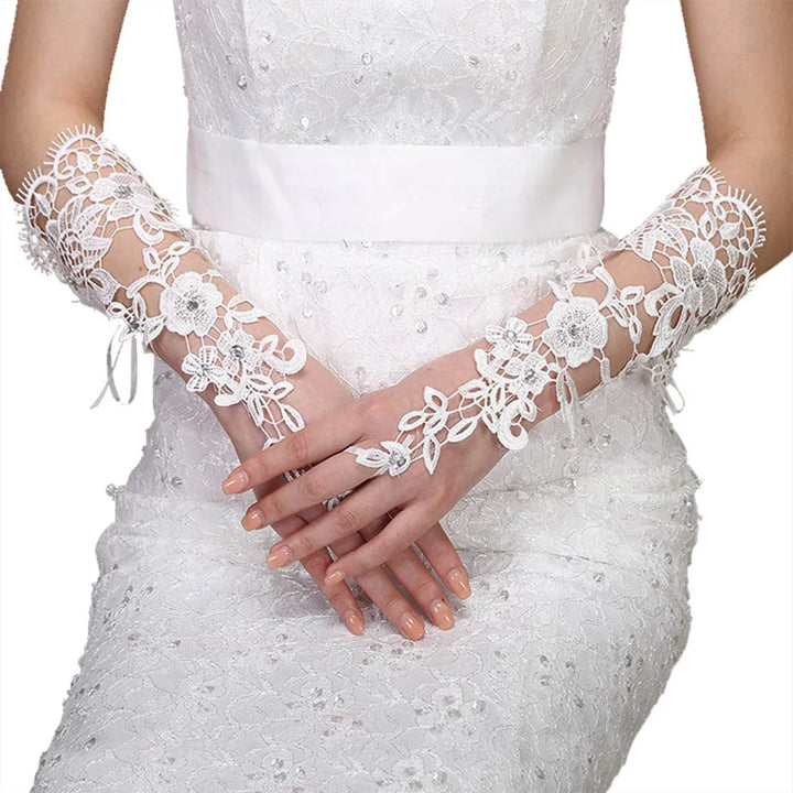 Lace Crystal Women’s Wedding Gloves Fingerless Elbow Bridal Lace