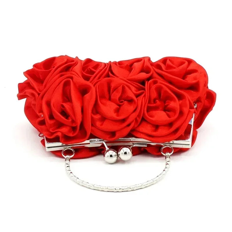 Silk Satin Ivory Clutch Purse Trendy New 3D Floral Roses Flower Cloth Bag