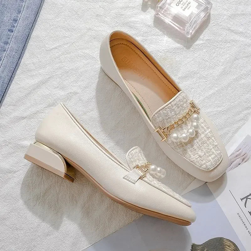 Medium Heels Pearl Women's Shoes Square Toe Ladies Pumps Shoe