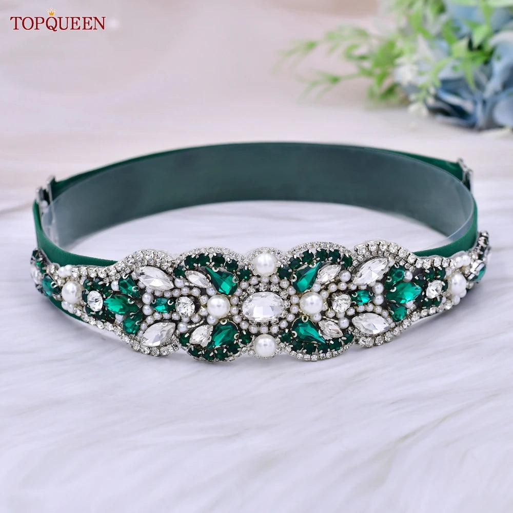 TOP Queen S407-B Women Elastic Belts for Party Dress Gown Silver Rhineston