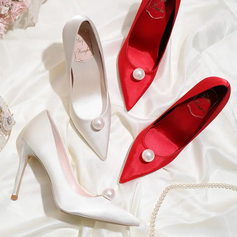 Bride Pumps Shoes for Woman Women's Summer Footwear Pearl Red Shoe