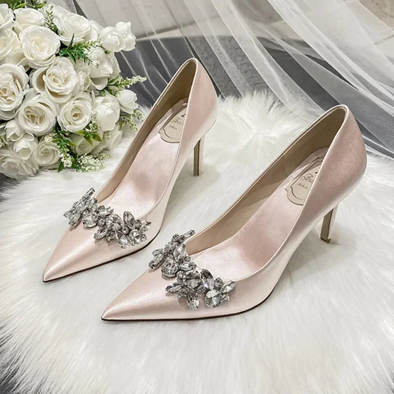 New White Champagne Women Bridal Wedding Shoes Heel