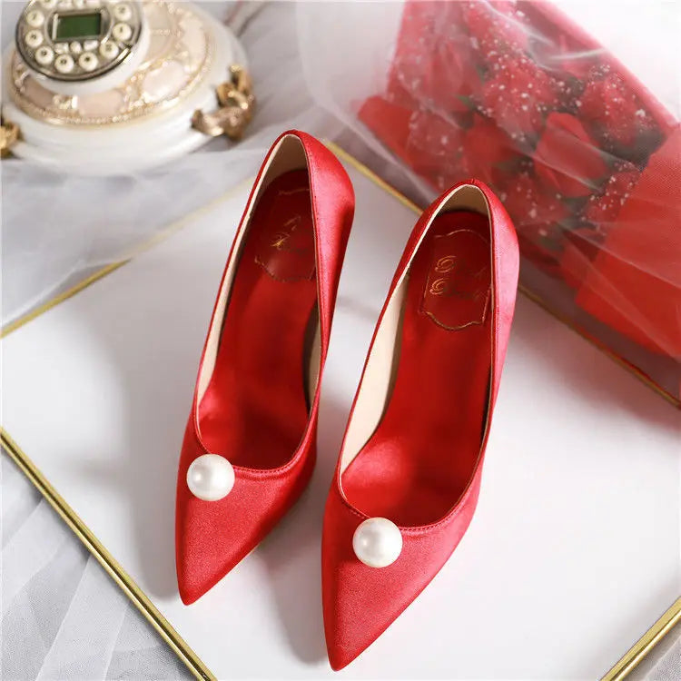 Bride Pumps Shoes for Woman Women's Summer Footwear Pearl Red Shoe