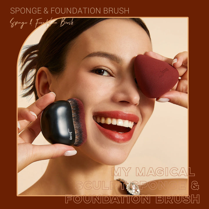 Jessup Foundation Brush with Makeup Sponge, Black Makeup Brush Flat
