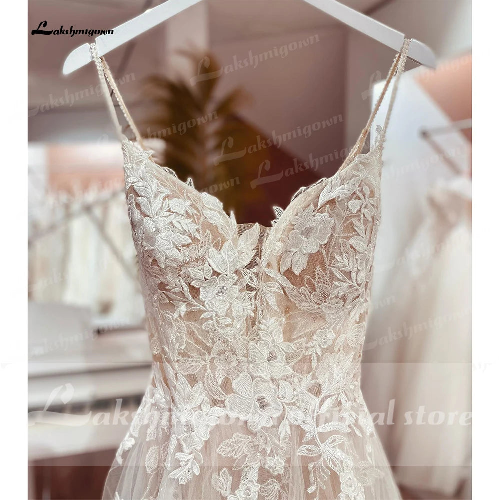 Lakshmigown Spaghetti Straps Lace Wedding Dress Open Back Civil Bridal