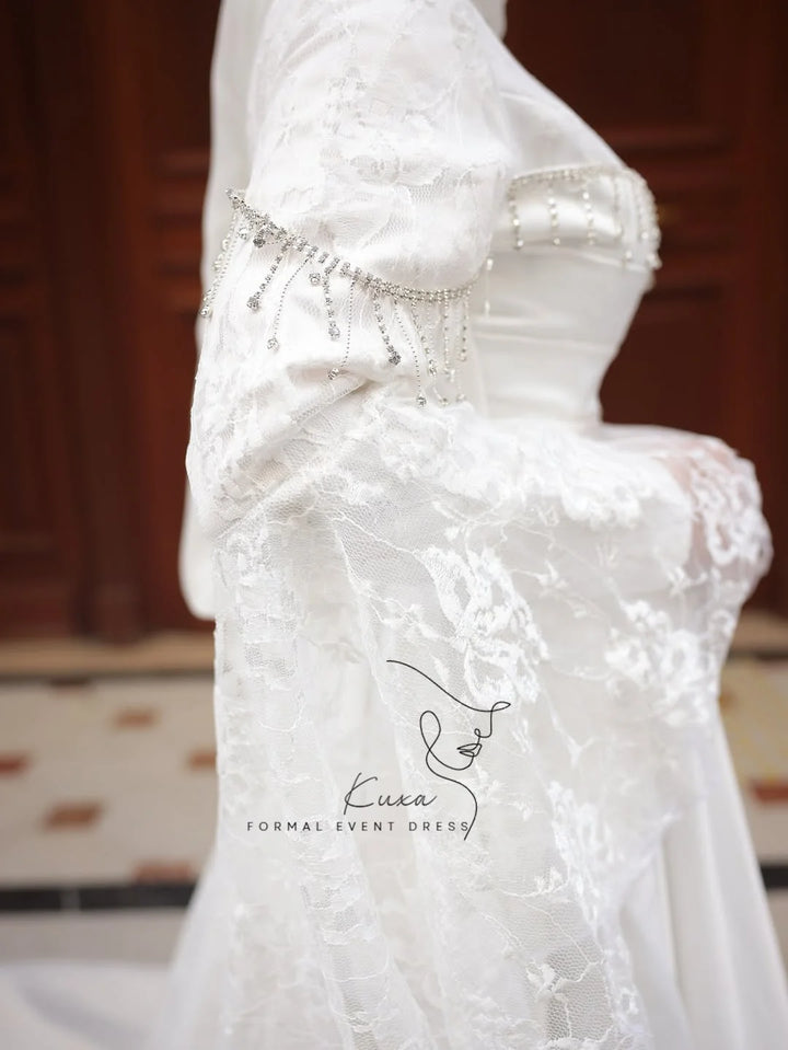 KUXA Luxury Muslim Wedding Dresses Satin Long Sleeves Bridal Gown