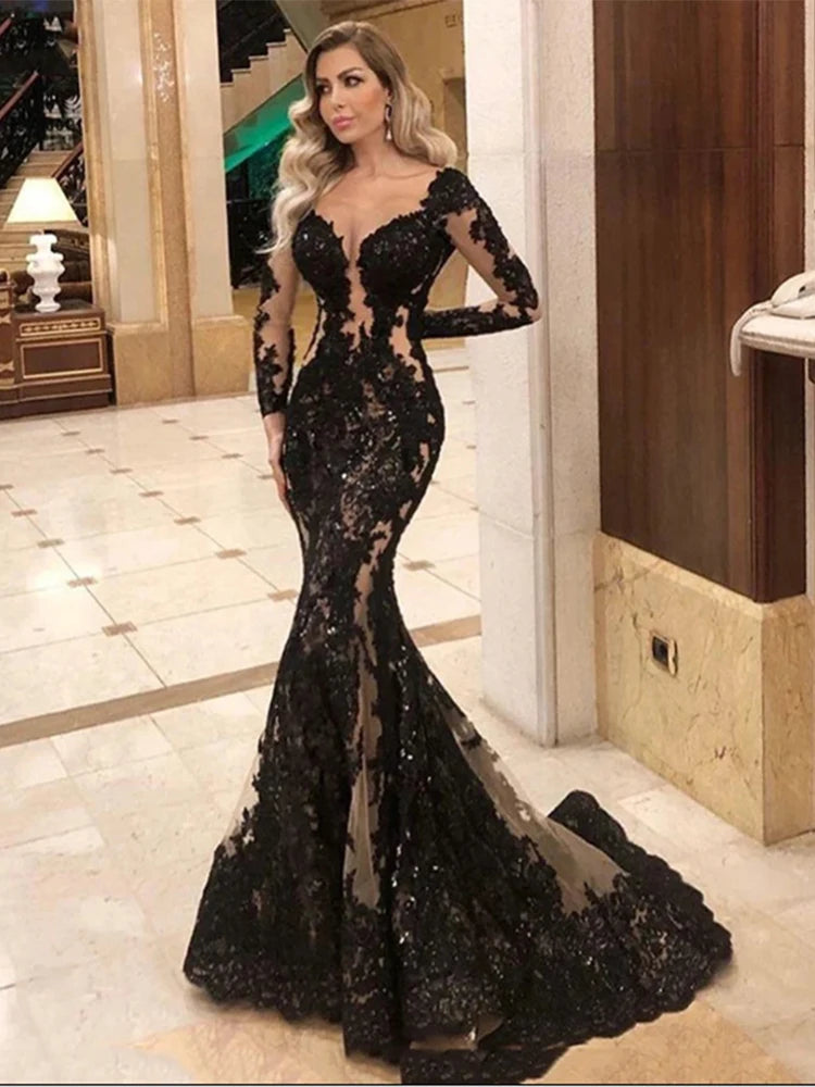 Luxury Long Sleeves V-Neck Black Wedding Dresses New Party Night