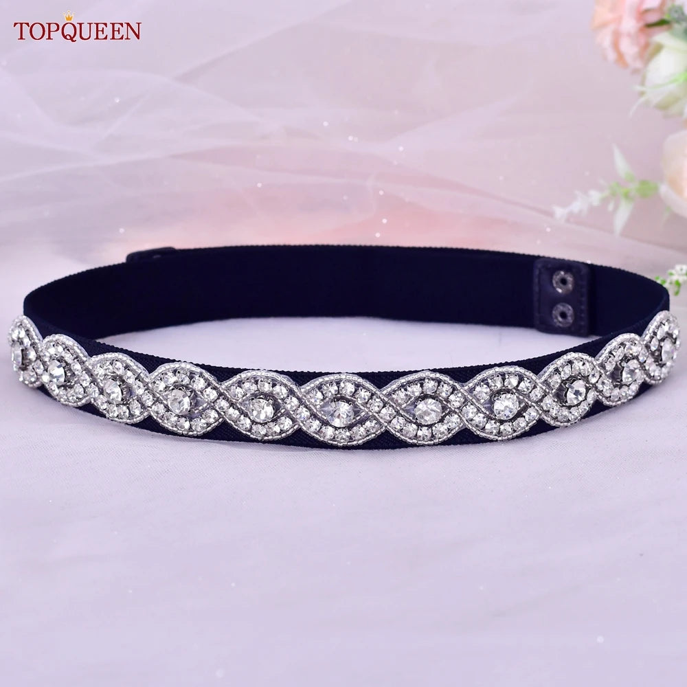 TOP Queen S407-B Women Elastic Belts for Party Dress Gown Silver Rhineston