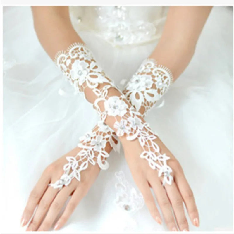 Lace Crystal Women’s Wedding Gloves Fingerless Elbow Bridal Lace
