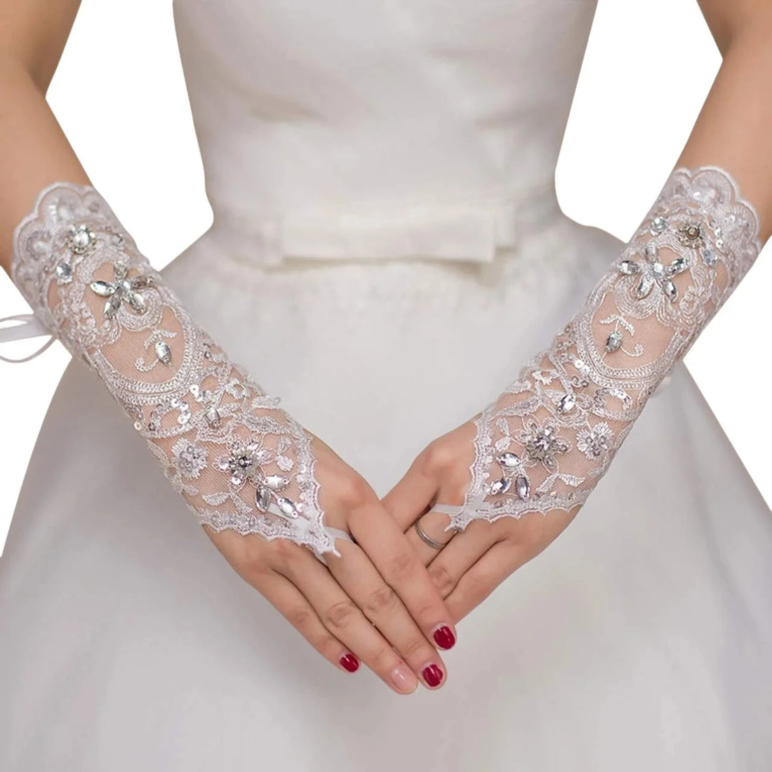 Elegant Women' Wedding Lace Gloves Bridal Fingerless Crystal Sequins