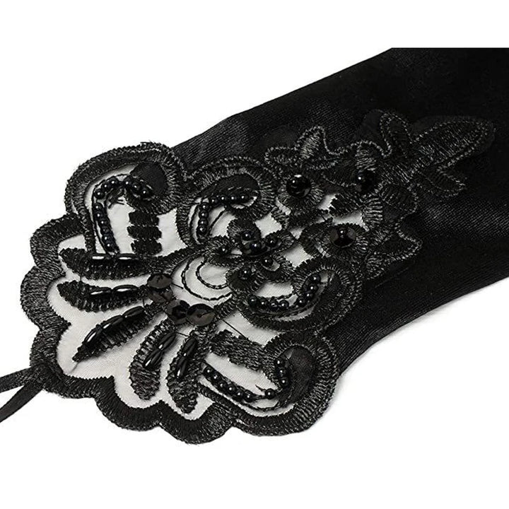 New Women Fingerless Bridal Gloves Black White Sequin Embroidery Lace