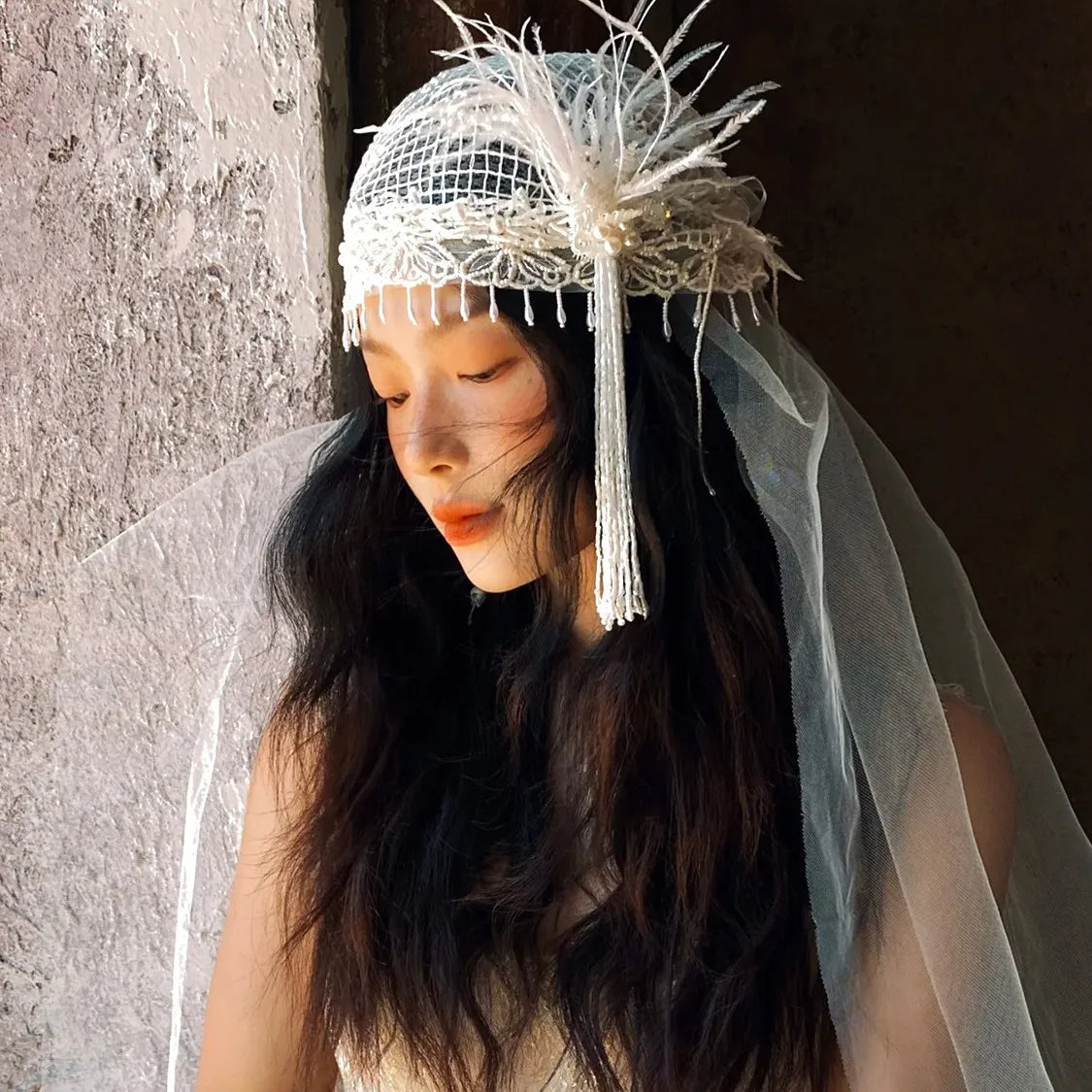 Vintage French Bridal Veil with Feather & Tassel Luxury Wedding Headpiece