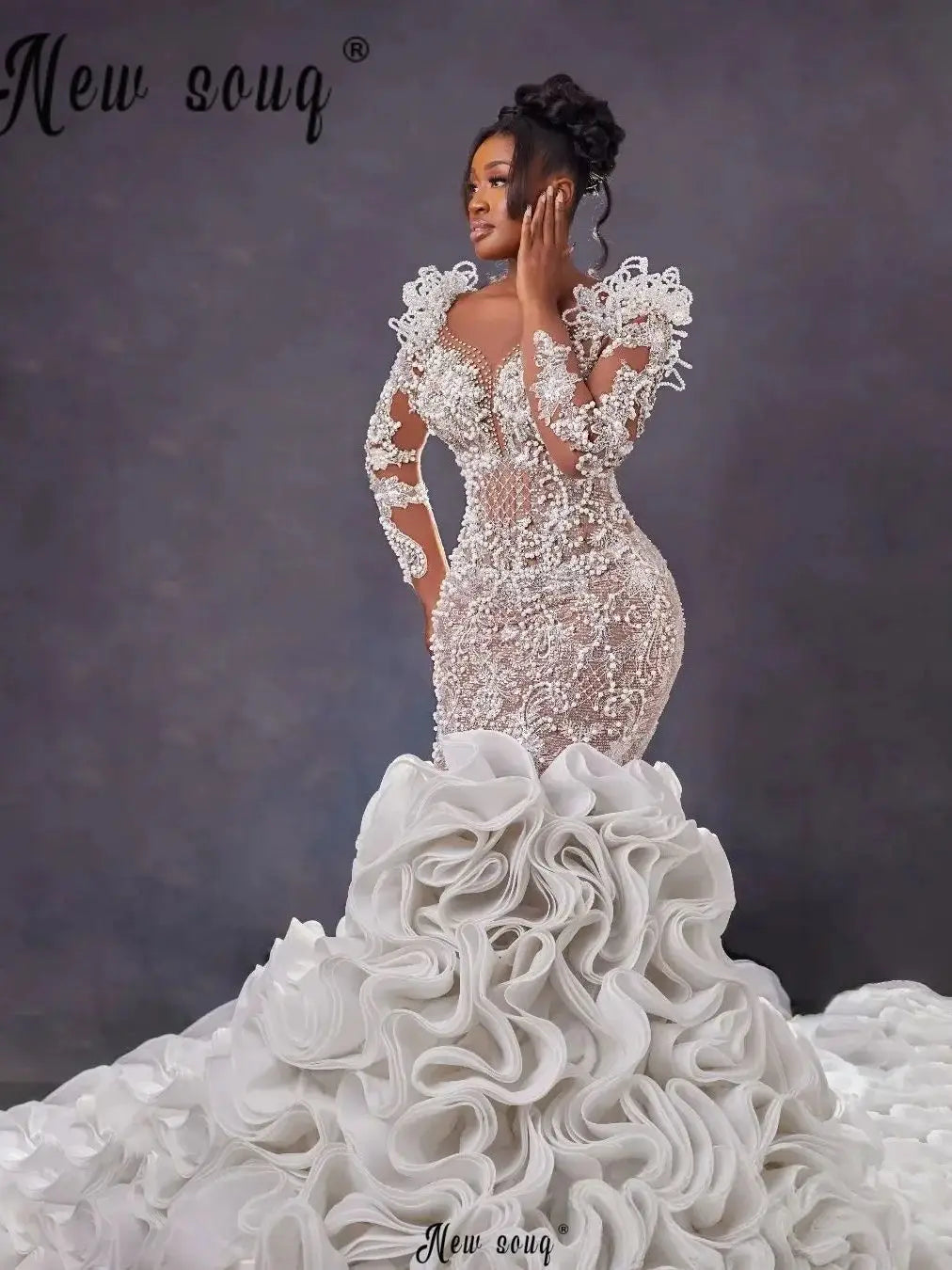 African Wedding Dress Luxury Long Mermaid Beaded Lace Ruffles