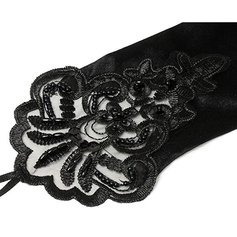 New Women Fingerless Bridal Gloves Black White Sequin Embroidery Lace